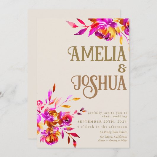 Invitation Mariage orange et rose brûlé (Devant / Derrière)