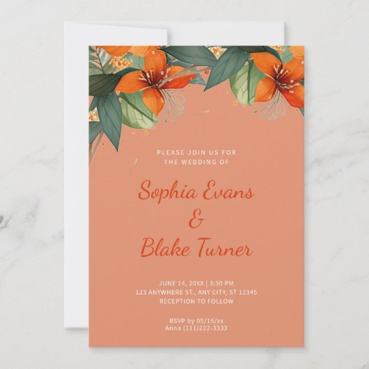 Invitation Mariage orange et vert tropical orange (Devant)