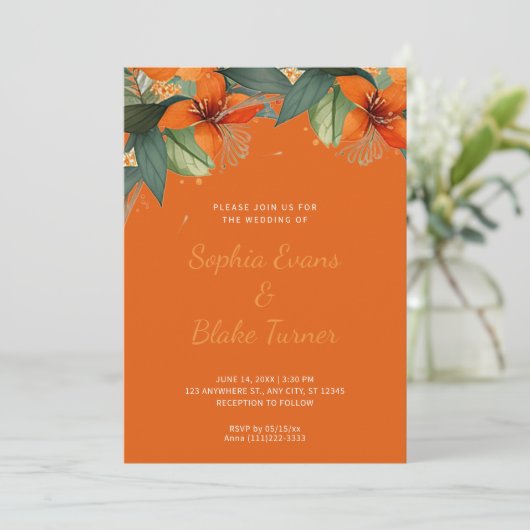 Invitation Mariage orange et vert tropical orange (Debout devant)