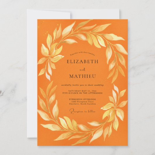 Invitation Mariage Orange Or Lauriers Eucalyptus (Devant)