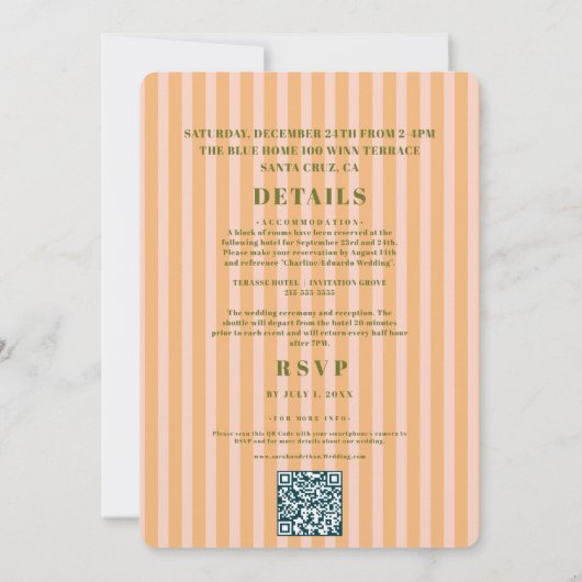 Invitation Mariage orange rose rayé rétro (Dos)