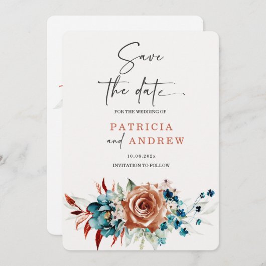 Invitation Mariage orange turquoise et brûlé Enregistrer la d (Devant / Derrière)