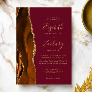 Invitation Mariage Oranger Brûlé Agate Bordeaux Or Doré