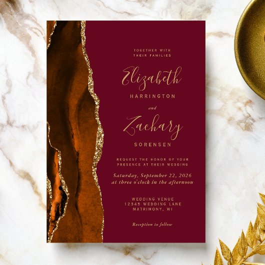 Invitation Mariage Oranger Brûlé Agate Bordeaux Or Doré