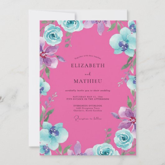 Invitation Mariage Orchidée Aqua Magenta (Devant)