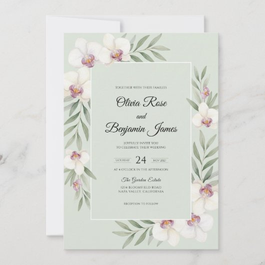 Invitation Mariage Orchidée Blanche Menthe (Devant)