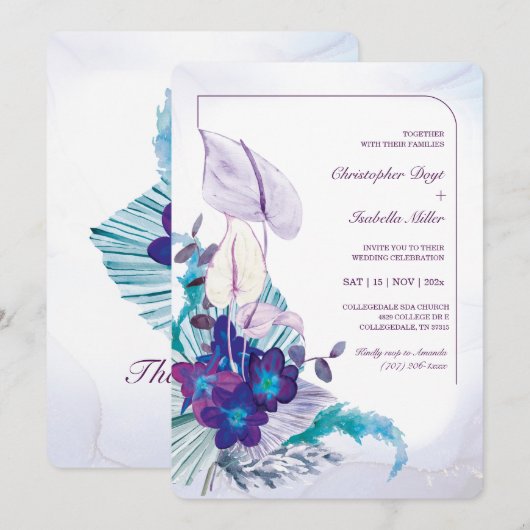 Invitation Mariage Orchidée Bleue et Arum Lily (Devant / Derrière)