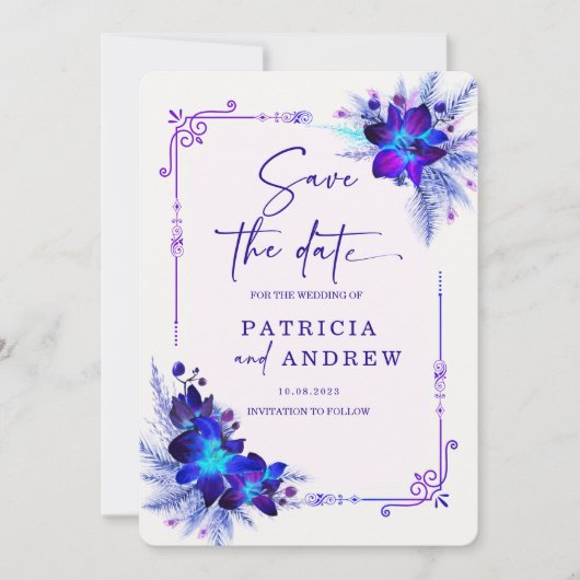 Invitation Mariage Orchidée Bleue Violette Enregistrez la Dat (Devant)