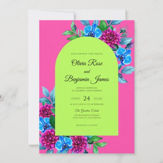 Invitation Mariage Orchidée Chartreuse Fuchsia (Devant)
