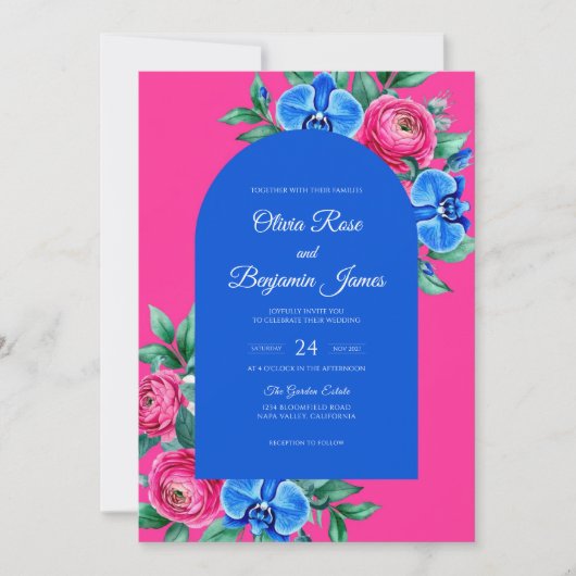 Invitation Mariage Orchidée Cobalt Fuchsia (Devant)