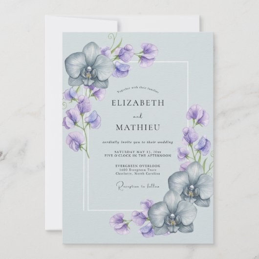 Invitation Mariage Orchidée Gracieuse Bleu Clair (Devant)