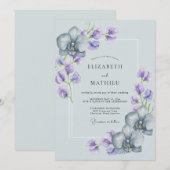 Invitation Mariage Orchidée Gracieuse Bleu Clair (Devant / Derrière)