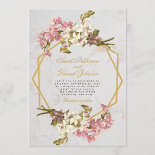 Invitation Mariage Orchidées Roses et Or Géométrique en Marbr