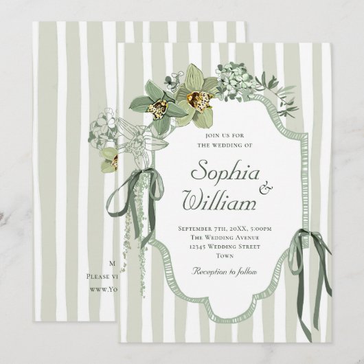 Invitation Mariage Orchidées Vert Sauge Peintes à la Main (Devant / Derrière)