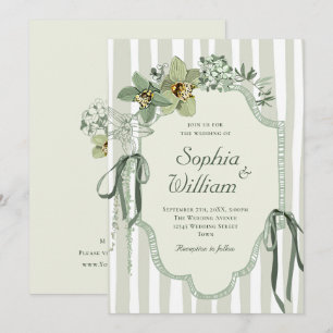 Invitation Mariage Orchidées Vert Sauge Peintes à la Main