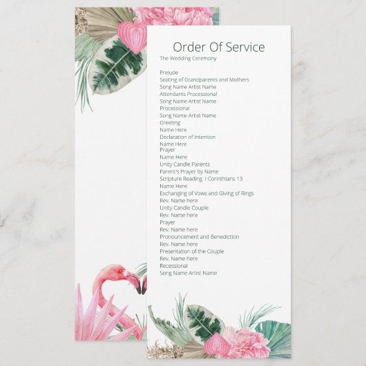 Invitation Mariage Ordre de Service Flamant Rose Tropical (Devant / Derrière)