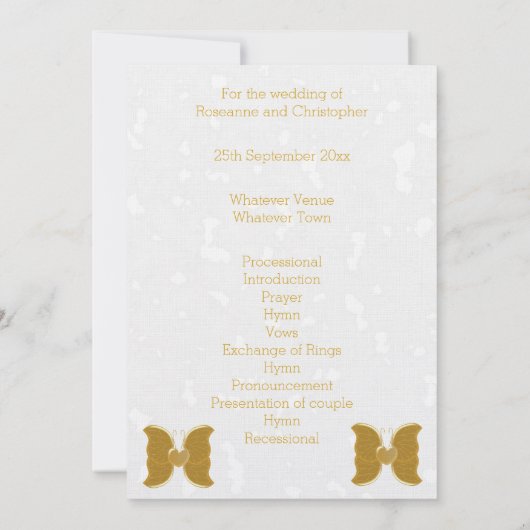 Invitation Mariage Ordre De Service Gold Butterfly Heart (Dos)