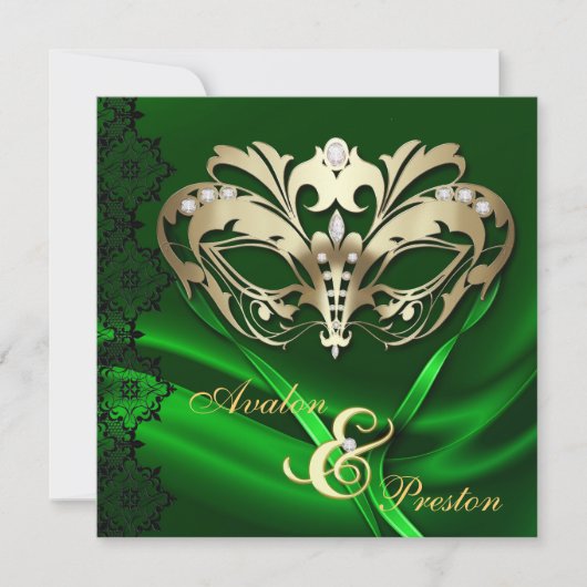 Invitation Mariage orné de bijoux de vert de mascarade d'or (Devant)