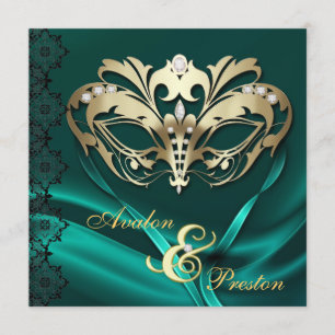 Invitation Mariage orné de bijoux turquoise de mascarade d'or