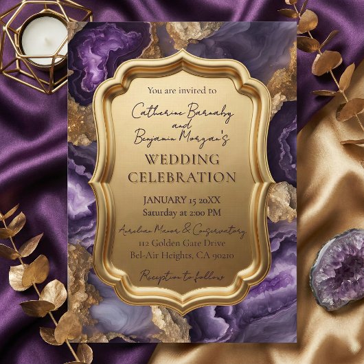 Invitation Mariage Orné de Géode d'Améthyste Pourpre et d'Aga