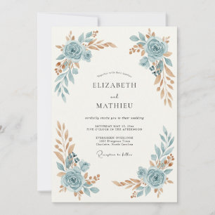 Invitation Mariage Orné de Rose Bleu Ardoise