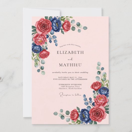 Invitation Mariage Orné de Rose Bleu Marine (Devant)