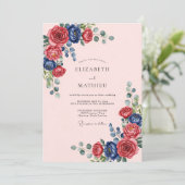 Invitation Mariage Orné de Rose Bleu Marine (Debout devant)
