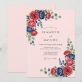 Invitation Mariage Orné de Rose Bleu Marine (Devant / Derrière)