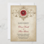 Invitation Mariage Ornement Rose Rouge Et Beige (Devant)