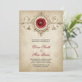 Invitation Mariage Ornement Rose Rouge Et Beige (Debout devant)