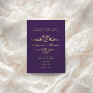 Invitation Mariage ornementale violet élégant cadre doré
