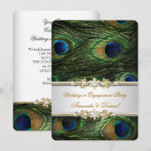 Invitation Mariage ou Fiançailles Paon Bleu Vert Or (Devant / Derrière)