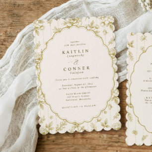 Invitation Mariage ovale floral français or et ivoire vintage