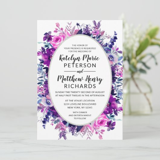 Invitation Mariage ovale violet floral enchanté (Debout devant)