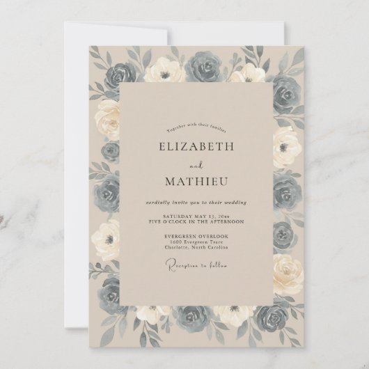 Invitation Mariage Paeonia Bleu Acier (Devant)