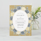 Invitation Mariage Paeonia Or Bleu Acier (Debout devant)