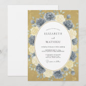 Invitation Mariage Paeonia Or Bleu Acier (Devant / Derrière)