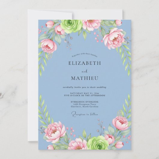Invitation Mariage Paeonia Rose Ciel (Devant)