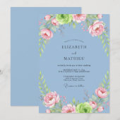 Invitation Mariage Paeonia Rose Ciel (Devant / Derrière)