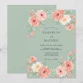 Invitation Mariage Paeonie Corail Sage (Devant / Derrière)