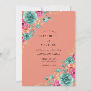 Invitation Mariage Paeonie Cyan Saumon