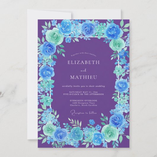 Invitation Mariage Paeonie Cyan Violet (Devant)