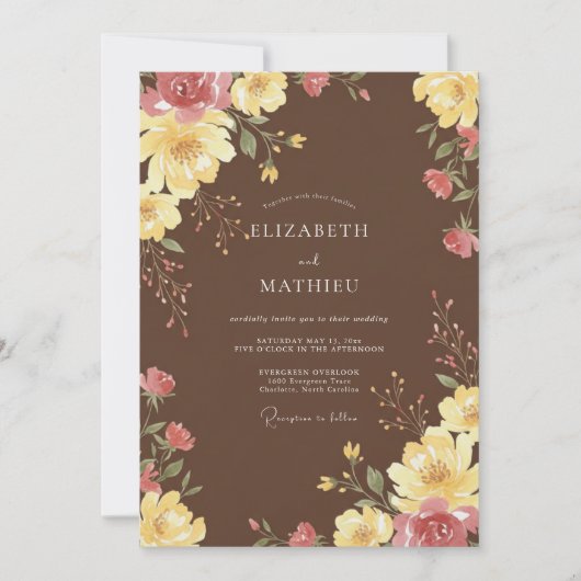 Invitation Mariage Paeonie Jaune Chocolat (Devant)