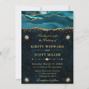 Invitation Mariage Pailleté Agate Bleu-vert et Or
