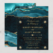 Invitation Mariage Pailleté Agate Bleu-vert et Or (Devant / Derrière)