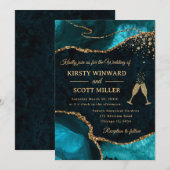 Invitation Mariage Pailleté Agate Bleu-vert et Or (Devant / Derrière)