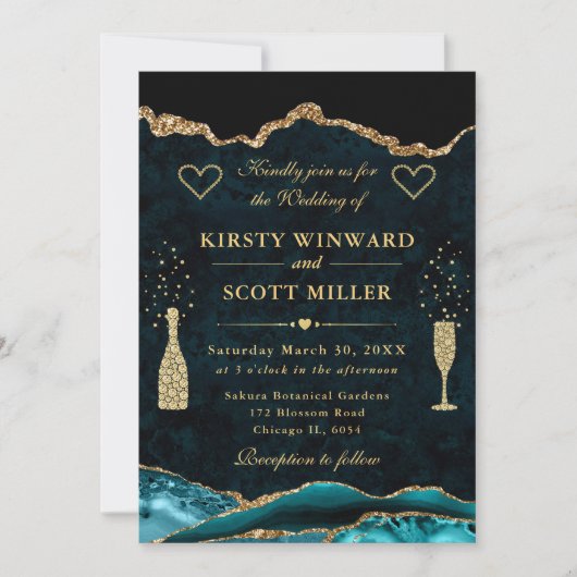 Invitation Mariage Pailleté Agate Bleu-vert et Or (Devant)