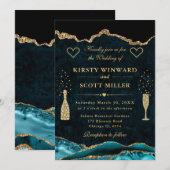 Invitation Mariage Pailleté Agate Bleu-vert et Or (Devant / Derrière)