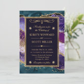 Invitation Mariage Pailleté Agate Bleu-vert, Violet et Or (Debout devant)