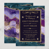 Invitation Mariage Pailleté Agate Bleu-vert, Violet et Or (Devant / Derrière)